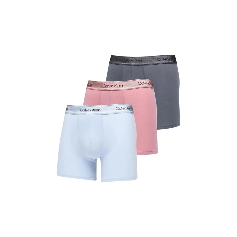 Dreier-Set Calvin Klein Herren-Boxershorts aus schwarzem Baumwollstretch mit hellblauen, rosa und grauen Akzenten