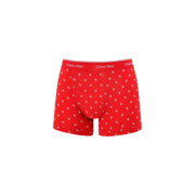 Rote Calvin Klein Herren-Boxershorts aus Baumwolle, 3er-Pack, mit weißem CK-Logo-Muster und passendem rotem Bund mit Markenlogo