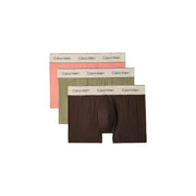 Dreiteiliges Set aus Calvin Klein Herren-Baumwoll-Trunks in zartem Rosa, Olivgrün und Dunkelbraun mit Markenbund.