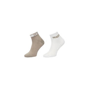 Ein Paar Calvin Klein Herren-Baumwollsocken in Beige und Weiß mit geripptem Bündchen und Logostreifen
