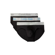 Calvin Klein Herren-Hüftslips, schwarz, Baumwoll-Elastan, 3er-Pack, mit grauem Bund und hellblau-silbernem Logo-Schriftzug