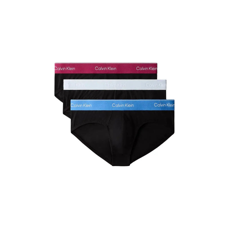 Set mit drei Calvin Klein Schwarze Herren-Hüftslips aus Baumwoll-Elastan mit kontrastierenden elastischen Bündchen in Rosa, Weiß und Blau.