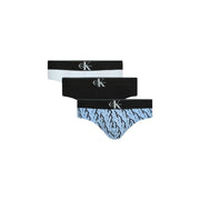 Set mit drei Calvin Klein Herren-Hüftslips aus schwarzem, weißem und hellblauem Baumwoll-Elastan mit sich wiederholenden CK-Logos