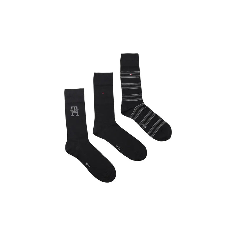 Set aus drei schwarzen Baumwollsocken mit Streifenmuster und Tommy Hilfiger Logo für Männer