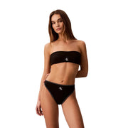 Calvin Klein Damen Strandkleid Bandeau schwarz Nylon trägerlos top und dazu passende Slips mit weißer CK-Logo-Stickerei.