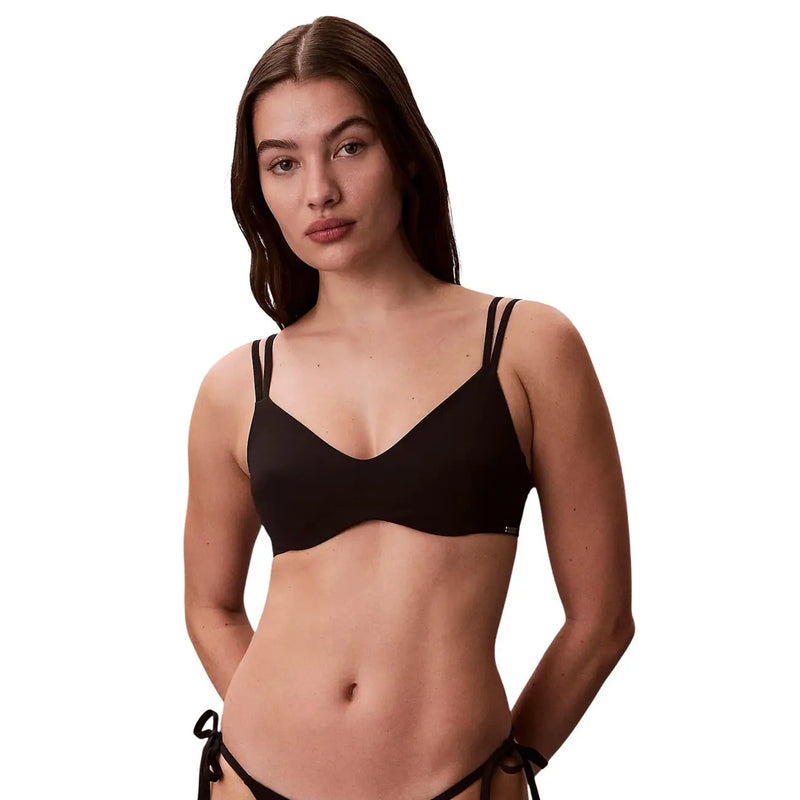 Schwarz Calvin Klein Damen-Strand-Bralette mit dünnen Trägern und glattem, nahtlosem Design mit hellblauen Akzenten
