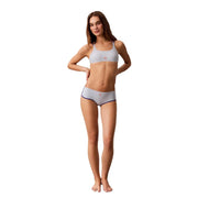 Calvin Klein Damen-Strandwäsche-Set in Hellgrau mit dezentem lila Besatz und kleinem rosa Logo auf jedem Teil