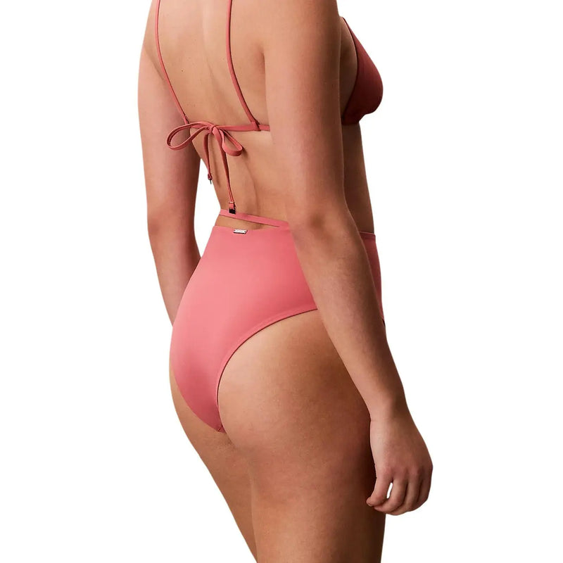 Calvin Klein Damen-Strandbekleidung, korallenrosa Nylon-Bikinihose mit hohem Bund, dünnen Trägern und Bindeband hinten, Rückansicht