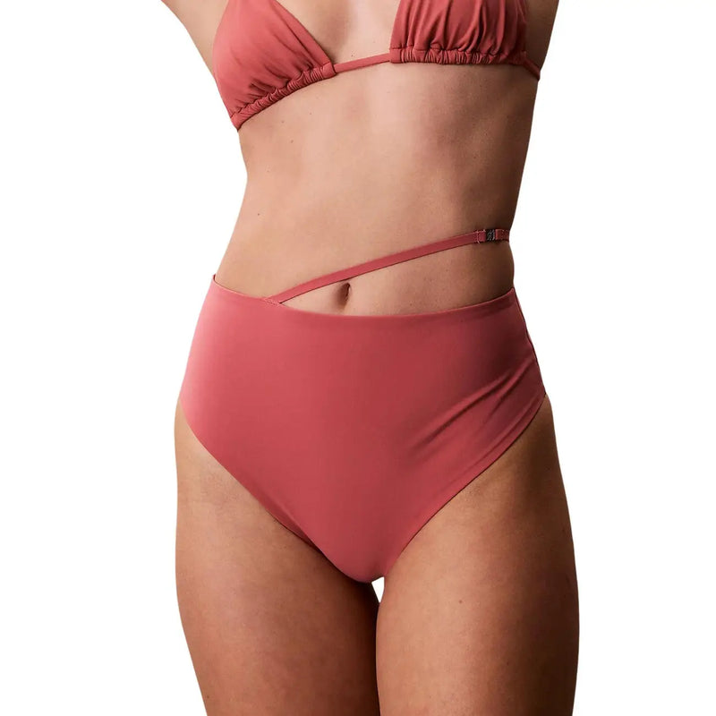 Calvin Klein Damen-Strandbekleidung, rosafarbenes, rostfarbenes Nylon-Bikinihöschen mit hohem Bund und Raffungen top und seitlichem Ausschnitt