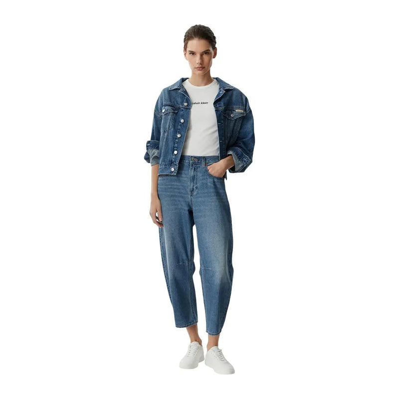 Calvin Klein Damen-Jeansjacke aus blauem Baumwolljeans mit hochgekrempelten Ärmeln und Knopfverschluss