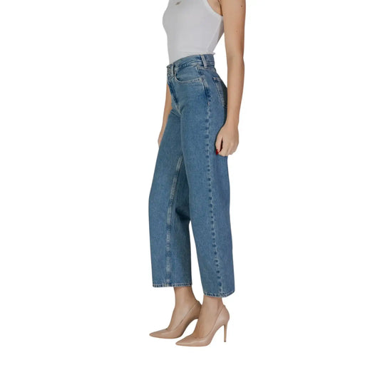 Calvin Klein Damen-Jeans aus blauem Baumwoll-Denim mit hohem Bund, weitem Bein und verkürztem Saum