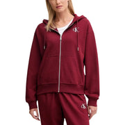 Kastanienbraun Calvin Klein Damen-Baumwoll-Kapuzenpullover mit Reißverschluss, weißem, gesticktem Logo und passenden Kordelzügen
