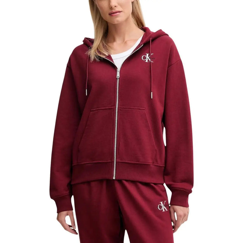 Kastanienbraun Calvin Klein Damen-Baumwoll-Kapuzenpullover mit Reißverschluss, weißem, gesticktem Logo und passenden Kordelzügen