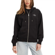 Schwarzer Calvin Klein Damen-Baumwoll-Hoodie mit Reißverschluss, silbernem Reißverschluss und gesticktem Logo auf der Brust