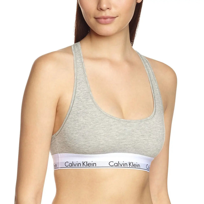 Calvin Klein Damen-Sport-BH zum Hineinschlüpfen, grau meliert, ärmellos, mit weißem Gummiband und schwarzem Logo