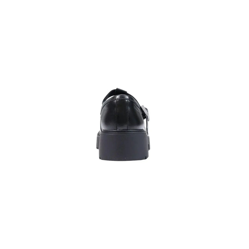 Calvin Klein Damen-Lederslipper aus schwarzem Lackleder mit klobiger Plateausohle und Schnallenriemen
