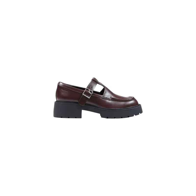 Calvin Klein Dunkelbraune Mary-Jane-Slipper aus Leder mit klobiger schwarzer Sohle und silberner Schnalle.