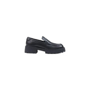 Schwarze Damen-Sneaker von Calvin Klein mit schwarzem Lederloafer und klobiger Plateausohle, die von hinten sichtbar ist