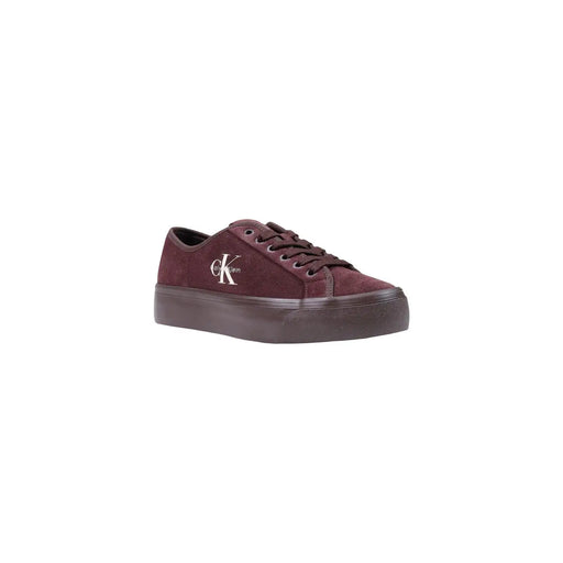 Calvin Klein Damen-Sneaker aus Leder, Bordeaux, Schnürung, mit bordeauxrotem Wildleder, niedrigem Schafttop Design mit Plateausohle und weißem Logo