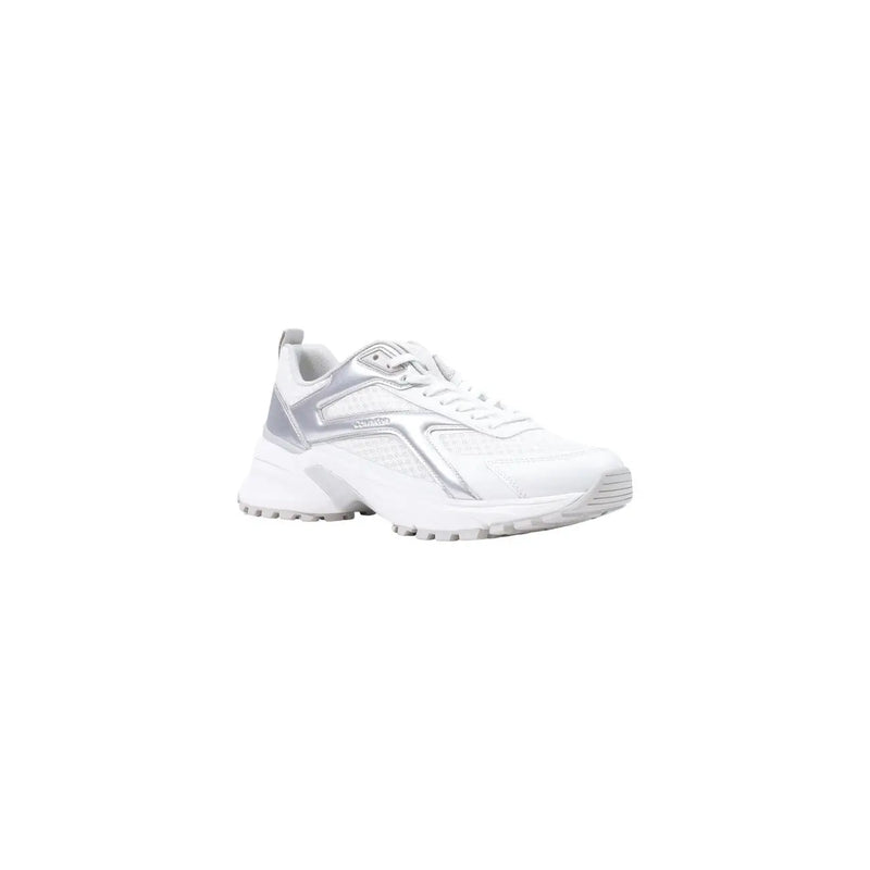 Calvin Klein Weiße Damen-Sneaker aus Leder, geometrisches, klobiges Design in Weiß und Silber mit modernem Retro-Look