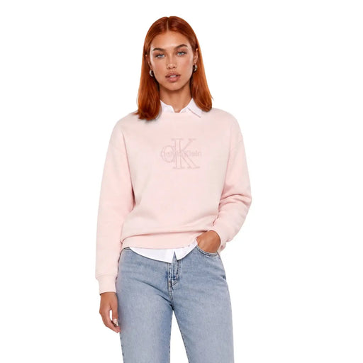 Calvin Klein Damen-Sweatshirt aus rosafarbener Baumwolle mit weicher Textur und dezentem, gesticktem Logo auf der Brust