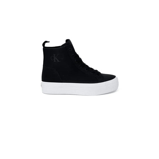 Calvin Klein Damen schwarzes Textil hoch-top Sneaker mit weißer Plateausohle und Logo an der Seite, Größe 4