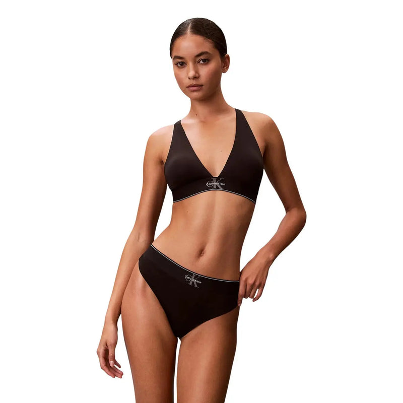 Schwarzes Calvin Klein Bikini-Set mit minimalistischem Design und weißen Logo-Details aus weißem Polyester-Tanga-Material