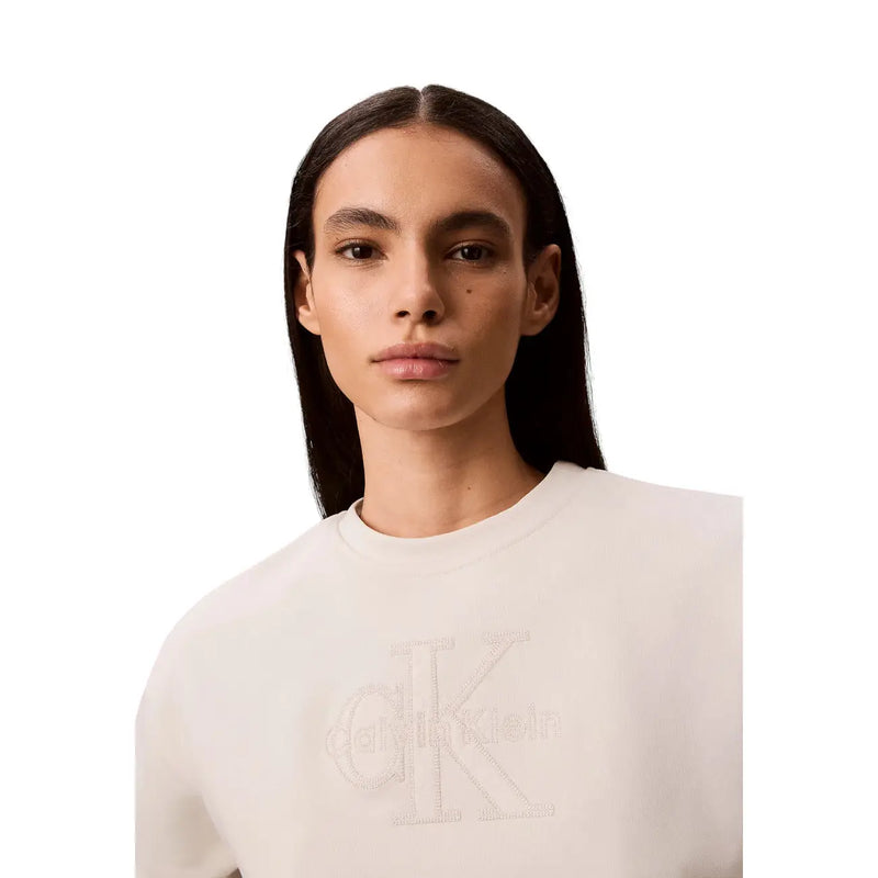 cremefarben Calvin Klein Weißes Damen-Sweatshirt aus Baumwolle mit dezent gesticktem CK-Logo auf der Brust