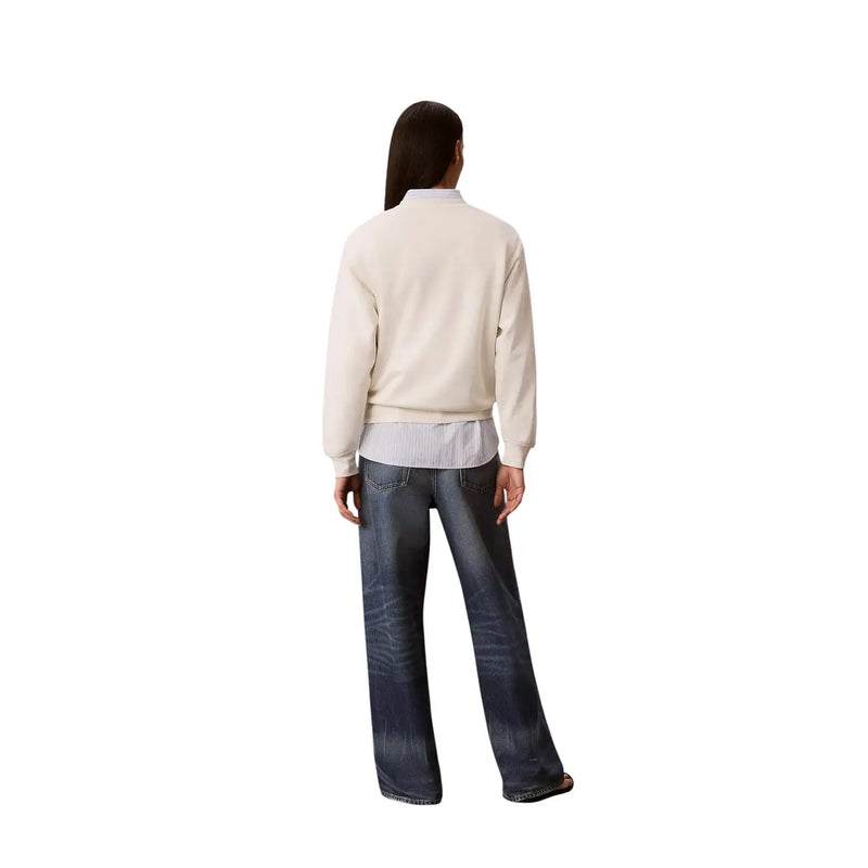 Calvin Klein Weißes Damen-Sweatshirt aus Baumwolle mit cremefarbenem Strickmuster, langen Ärmeln und lockerer Passform