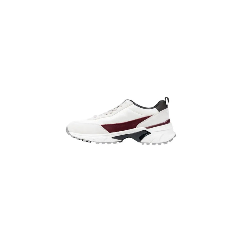 Calvin Klein Weiße Damen-Sneaker aus Wildleder mit burgunderroten und schwarzen Akzenten, klobiger Sohle und elegantem Design