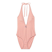 Calvin Klein Damen-Badeanzug aus Nylon mit orangefarbenen Streifen, Neckholder, Nackenband zum Binden und gesticktem Logo