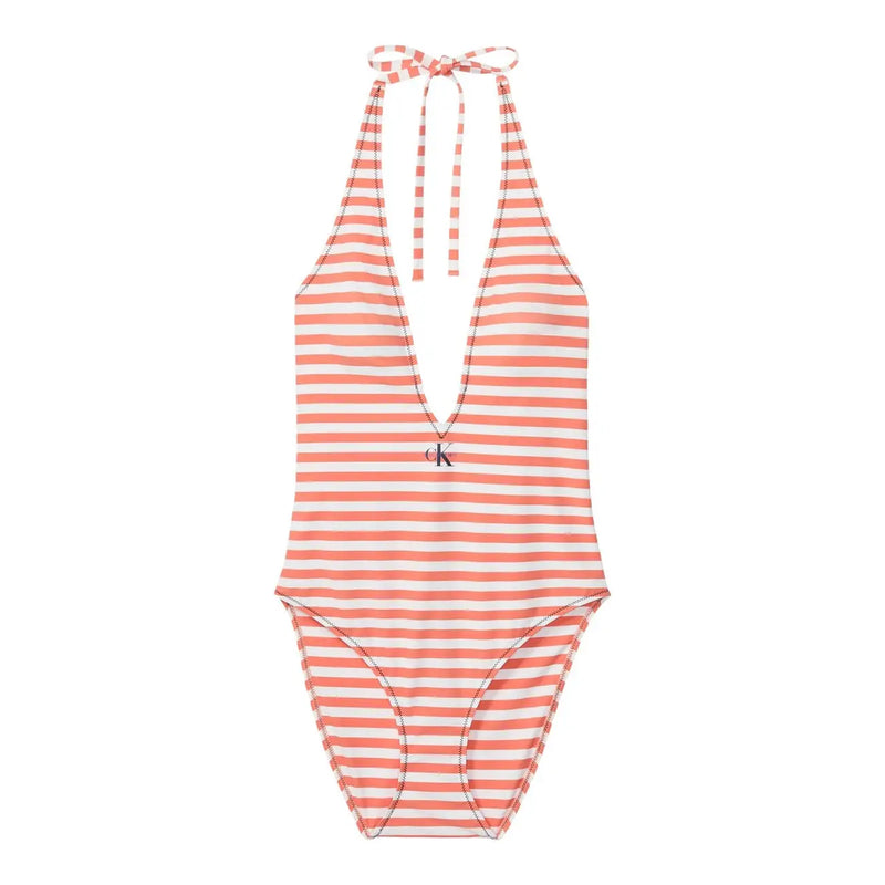 Calvin Klein Damen-Badeanzug aus Nylon mit orangefarbenen Streifen, Neckholder, Nackenband zum Binden und gesticktem Logo
