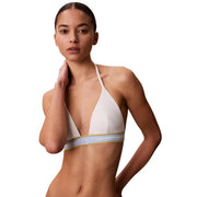 Calvin Klein Triangel-Bikini für Damen top aus weißem Nylon mit einem gestreiften Neckholderband mit goldenen und hellblauen Akzenten