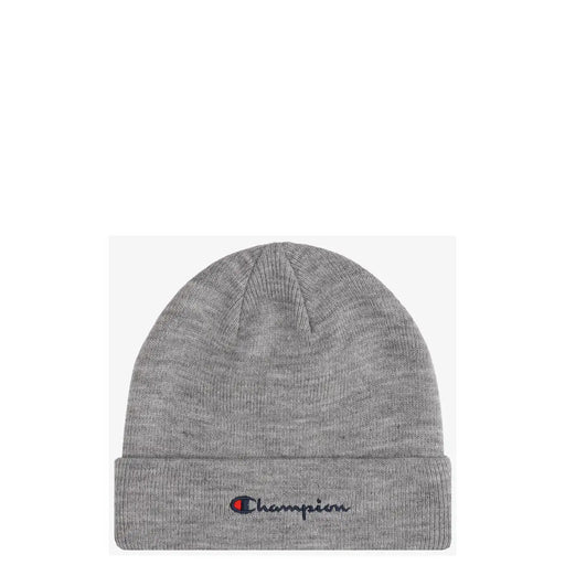 Champion gray beanie men’s knit hat in soft acrylic with ribbed cuff and embroidered logo for cold weather comfort