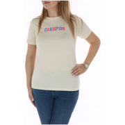 Champion Schwarzes Damen-T-Shirt aus Baumwolle mit Rundhalsausschnitt und kurzen Ärmeln, cremefarbenem Champion-Logo in roten und blauen Buchstaben