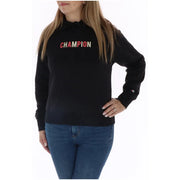 Schwarzes Champion-Sweatshirt mit rotem und weißem Champion-Schriftzug auf der Brust aus Baumwolle für Damen