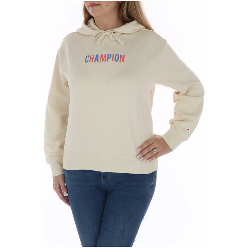Champion Beigefarbener Damen-Hoodie aus Baumwolle mit cremefarbenem Champion-Logo in Rot und Blau auf der Brust