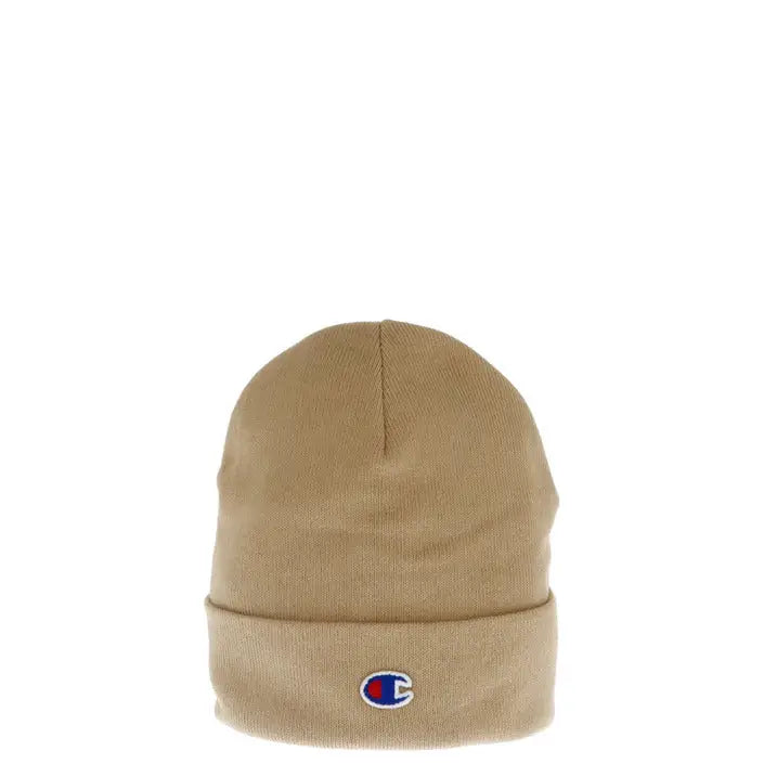 Tan Champion beanie displayed with Champion Women’s Pink Cap in 100% Polyester