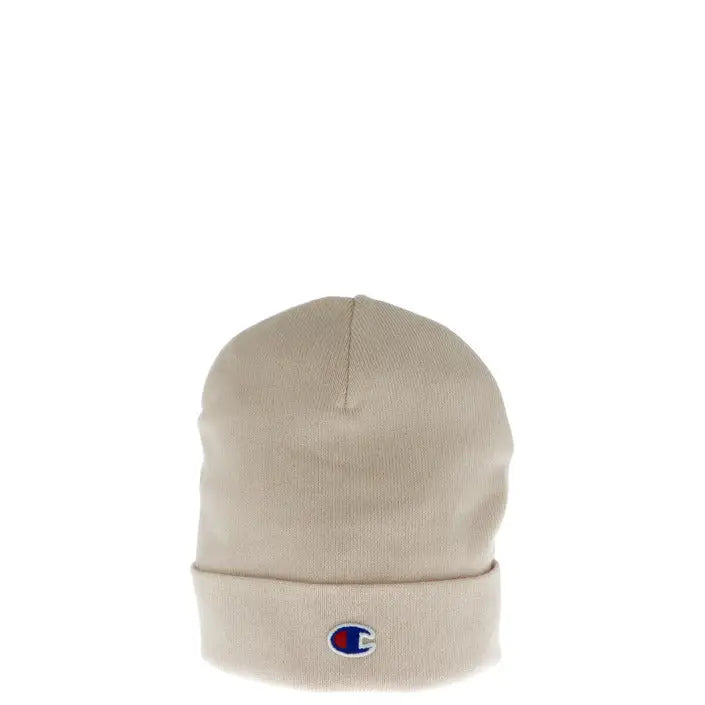 Beige Champion beanie displayed with Champion Women’s Pink Cap in 100% Polyester