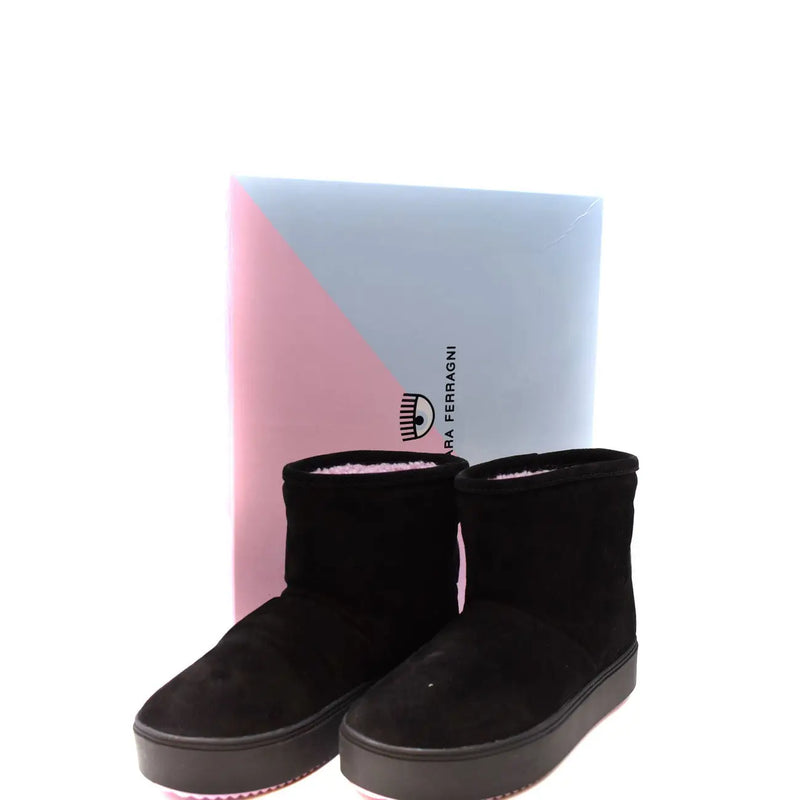 Schwarze Wildleder-Ankle-Boots von Chiara Ferragni für Damen mit weichem Innenfutter und klobiger Plateausohle