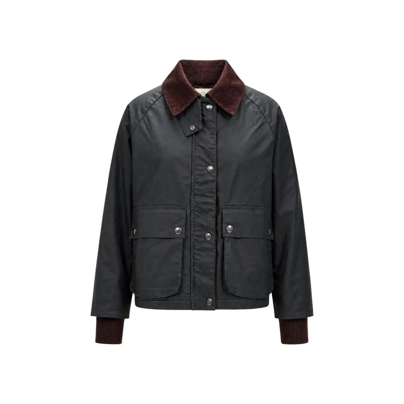 Dunkelgrüner, gewachster Baumwollblazer von Choral für Damen mit bordeauxrotem Cordkragen und -manschetten sowie klassischem Reißverschlusstaschen-Design