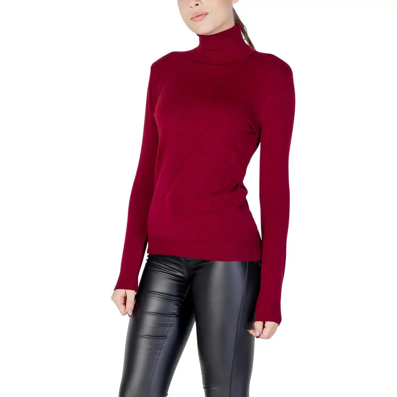 Ein eleganter, tiefroter Damen-Rollkragenpullover aus bordeauxfarbenem Viskose-Mix mit glatter Strickstruktur.