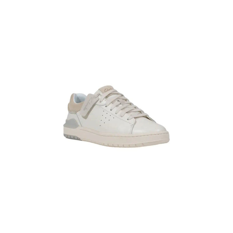 Clarks men white leather sneakers with beige accents and rubber sole featuring a sleek minimalist design