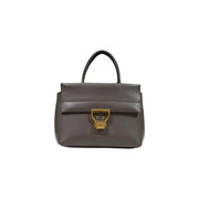 Graue Handtasche aus genarbtem Leder mit goldfarbenem rechteckigem Verschluss und top Griff von Coccinelle Arlettis 24cm Kollektion