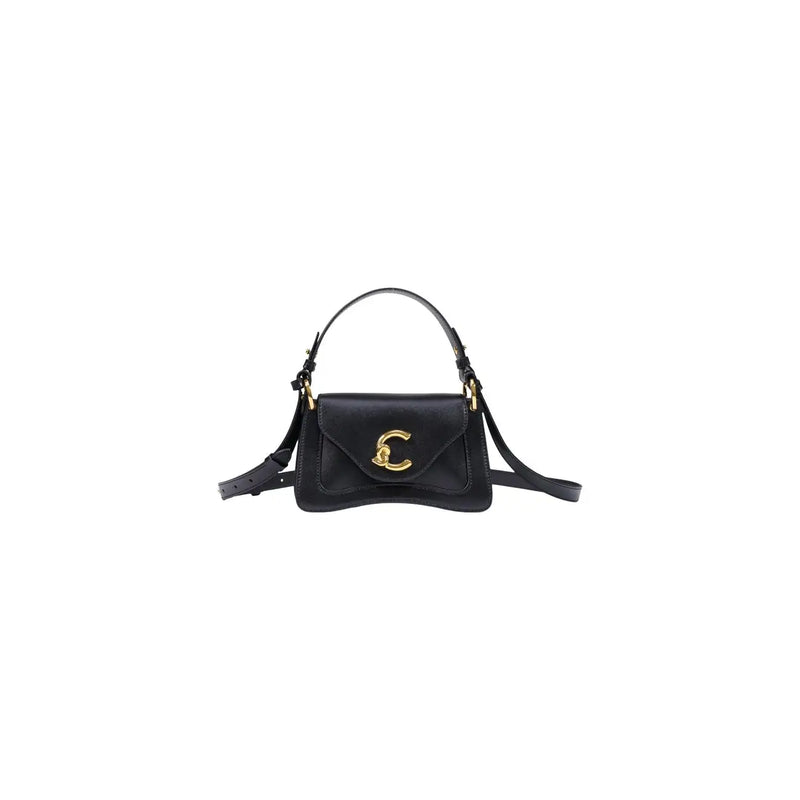 Schwarze Schultertasche aus Leder von Coccinelle mit goldfarbenem C-Verschluss und zwei Trageriemen, Größe 26 cm