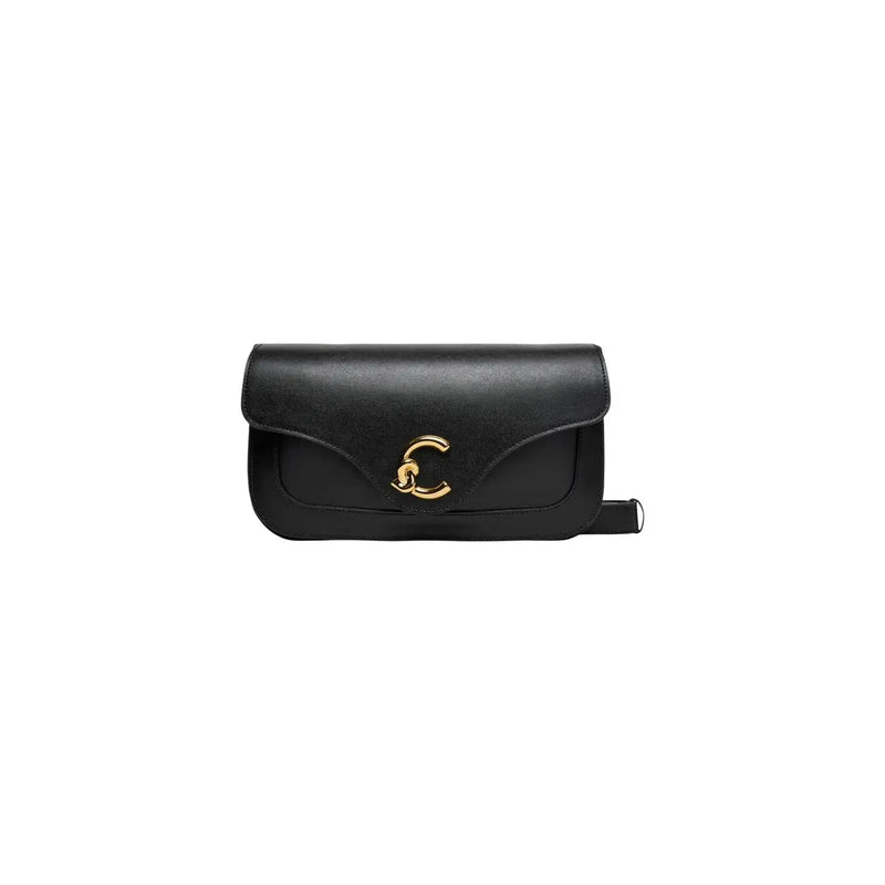 Coccinelle Schwarze Damen-Schultertasche aus Leder, 26 cm, mit goldfarbenem, C-förmigem Verschluss und verstellbarem Schulterriemen
