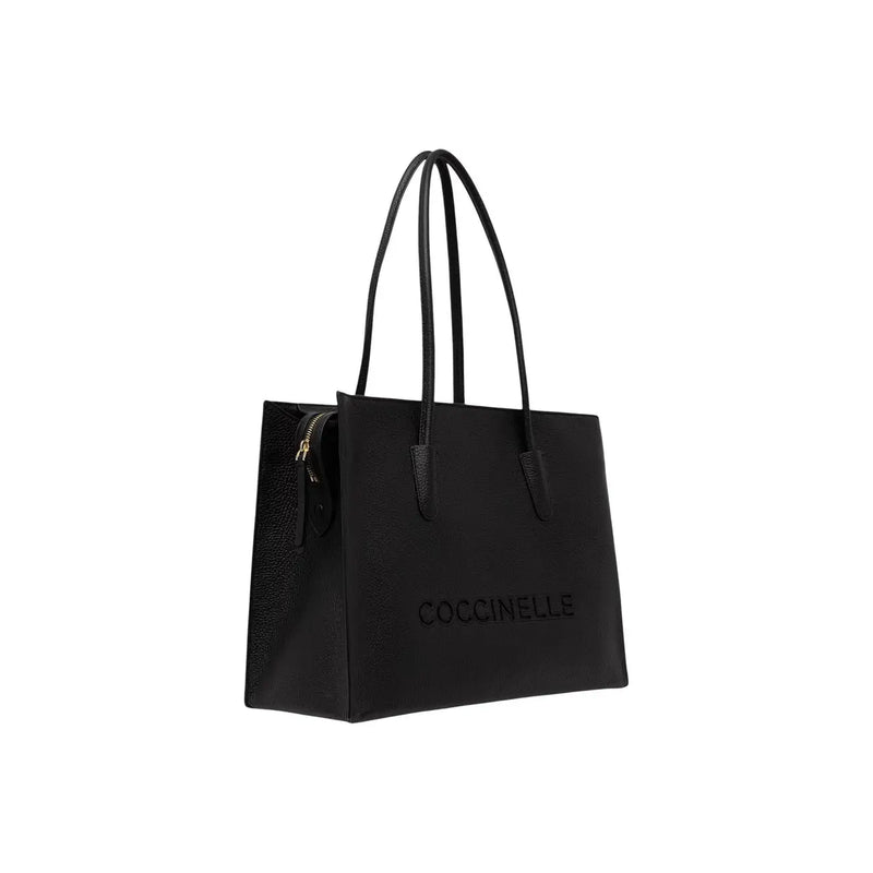 Schwarze Ledertasche für Damen von Coccinelle mit geprägtem Markenlogo und strukturierter Seitenwand W40.5