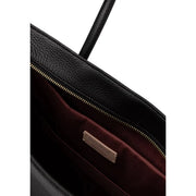 Coccinelle Schwarze Damen-Ledertasche, 40,5 cm breit, mit genarbter Oberfläche, goldfarbenem Reißverschluss und bordeauxrotem Innenfutter