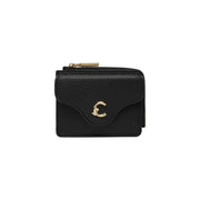 Schwarze Mini-Geldbörse aus strukturiertem Leder von Coccinelle mit goldfarbenem C-Logo-Verschluss und Reißverschlusstaschen, B 10 x H 8,5 cm