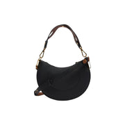 Coccinelle Schwarze Damen-Ledertasche mit braunen Akzenten, goldfarbenen Beschlägen, grauen Reißverschlusstaschen, 24 x 16 x 5 cm, halbmondförmig